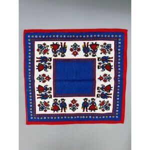 Vtg European Folk Art Print Cotton Napkin Handkerchief Doily 11" Blue Red White